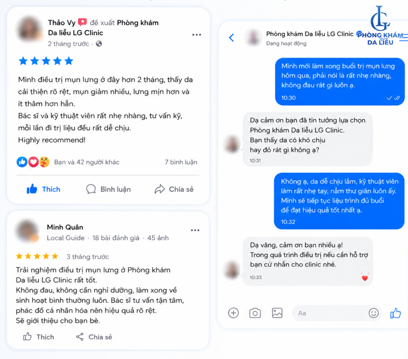 Khách hàng đánh giá chất lượng dịch vụ và hiệu quả điều trị tại Phòng khám Da liễu LG Clinic